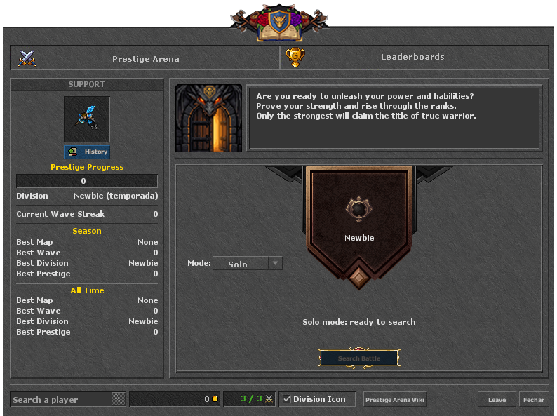 Painel principal da Dungeon Ranqueada &mdash; Prestige Arena